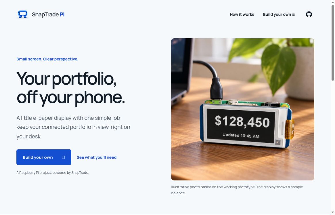 SnapTrade Pi website · Illustrative hardware preview
